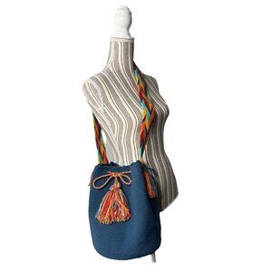 Handmade Wayuu Mochila Bag Crossbody Deep Aqua Blue Colorful Woven Strap